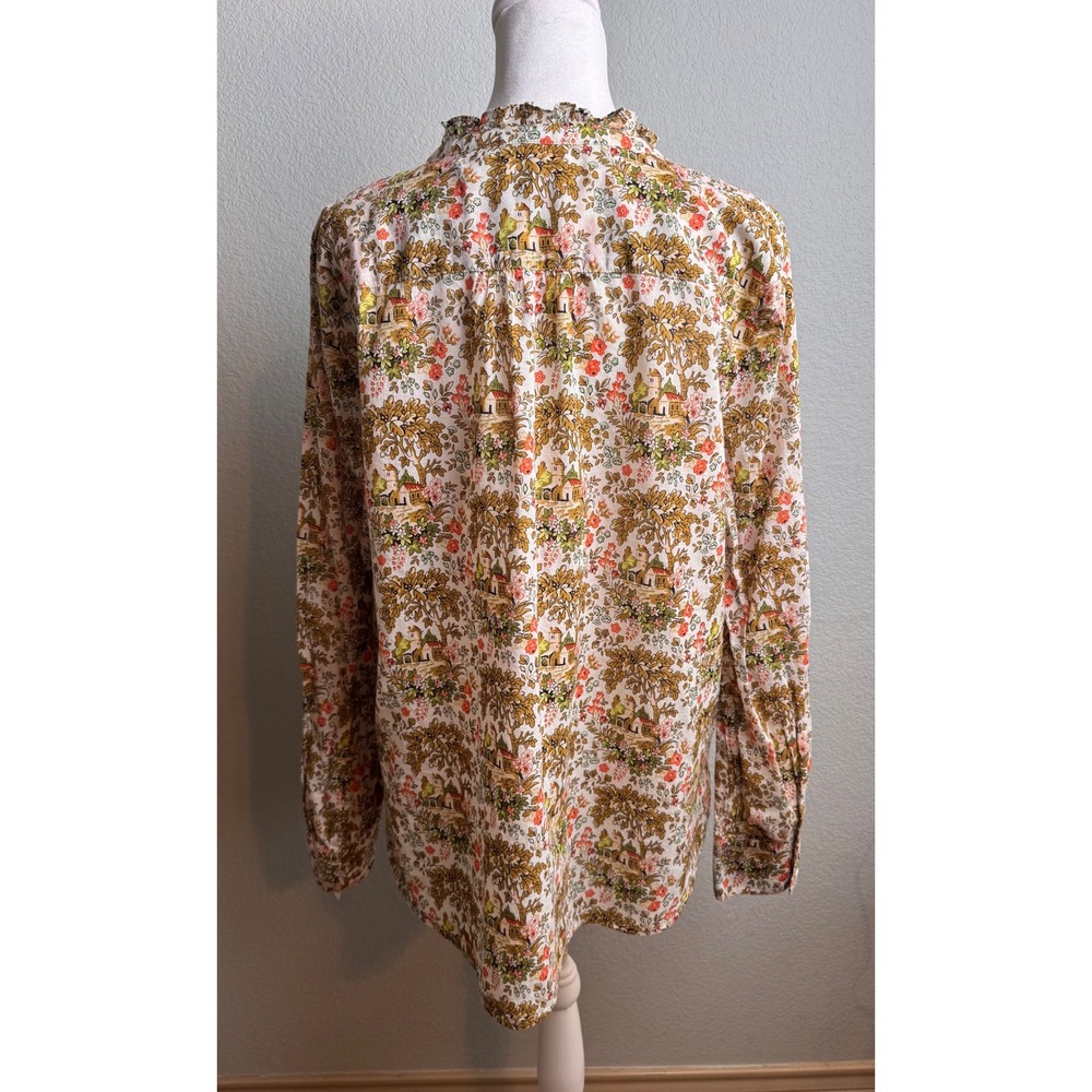 Talbots Tuscan Countryside Chateau Patterned‎ Ruffle Neck Blouse Top Large - Picture 3 of 14